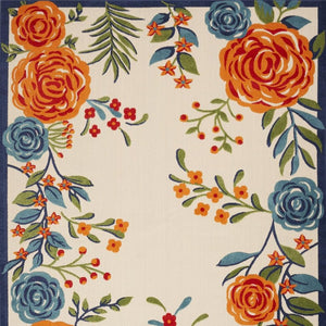 4' X 6' Ivory Blue and Orange Floral Non Skid Indoor Outdoor Area Rug