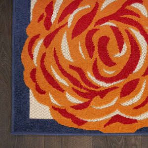 8' X 11' Ivory Blue and Orange Floral Non Skid Indoor Outdoor Area Rug