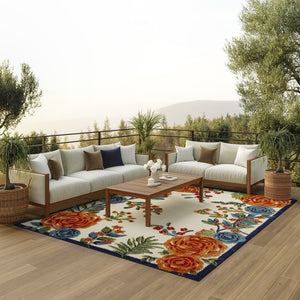 8' X 11' Ivory Blue and Orange Floral Non Skid Indoor Outdoor Area Rug