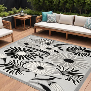 6' X 9' Black And White Floral Stain Resistant Non Skid Area Rug