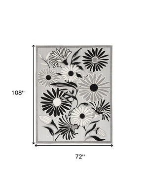 6' X 9' Black And White Floral Stain Resistant Non Skid Area Rug