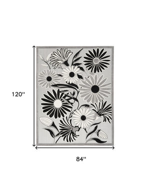 7' X 10' Black And White Floral Stain Resistant Non Skid Area Rug