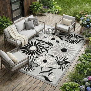 8' X 11' Black and White Floral Non Skid Indoor Outdoor Area Rug
