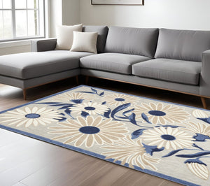 7' X 10' Blue And Grey Floral Stain Resistant Non Skid Area Rug