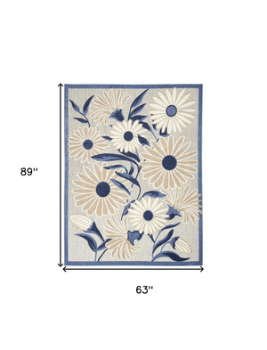 5' X 8' Blue and Gray Floral Non Skid Indoor Outdoor Area Rug