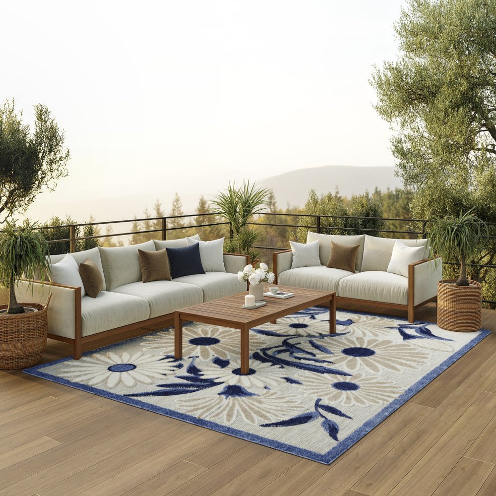 8' X 11' Blue and Gray Floral Non Skid Indoor Outdoor Area Rug