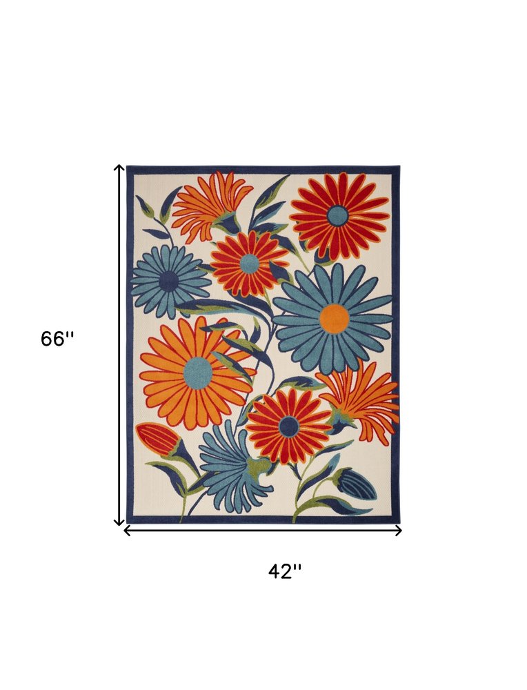 4' X 6' Ivory Blue and Orange Floral Non Skid Indoor Outdoor Area Rug