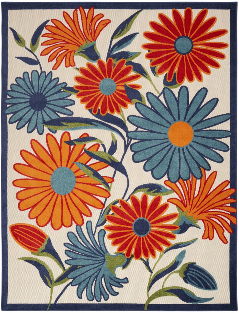 8' X 11' Ivory Blue and Orange Floral Non Skid Indoor Outdoor Area Rug