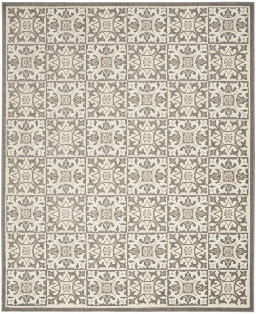 7' X 10' Ivory And Grey Fleur De Lis Stain Resistant Non Skid Area Rug