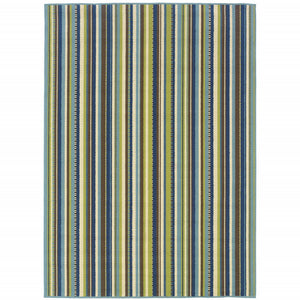9' X 13' Blue and Green Striped Stain Resistant Indoor Outdoor Area Rug