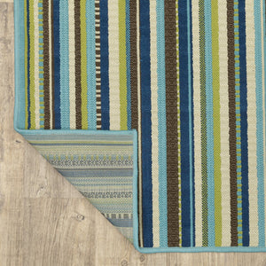 9' X 13' Blue and Green Striped Stain Resistant Indoor Outdoor Area Rug