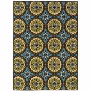 2' X 4' Blue and Green Floral Stain Resistant Indoor Outdoor Area Rug