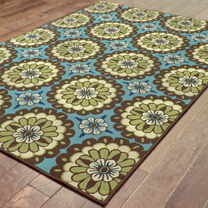 2' X 4' Blue and Green Floral Stain Resistant Indoor Outdoor Area Rug