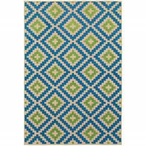 7' X 10' Blue and Beige Geometric Stain Resistant Indoor Outdoor Area Rug