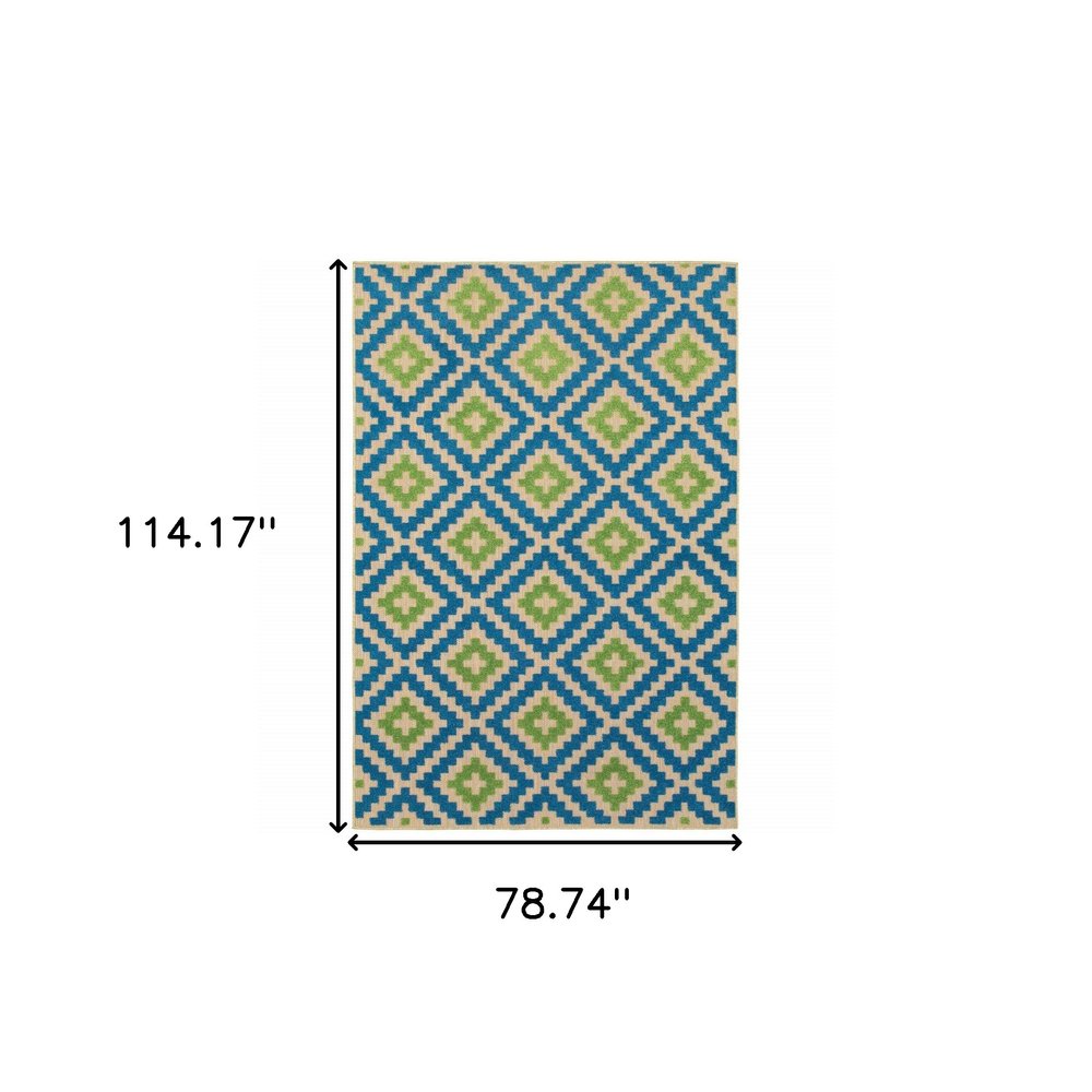 7' X 10' Blue and Beige Geometric Stain Resistant Indoor Outdoor Area Rug