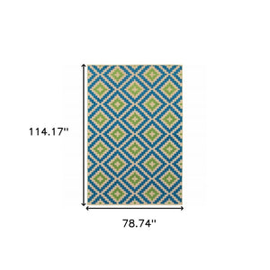 7' X 10' Blue and Beige Geometric Stain Resistant Indoor Outdoor Area Rug