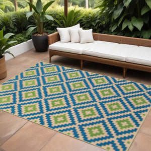 8' X 11' Blue and Beige Geometric Stain Resistant Indoor Outdoor Area Rug