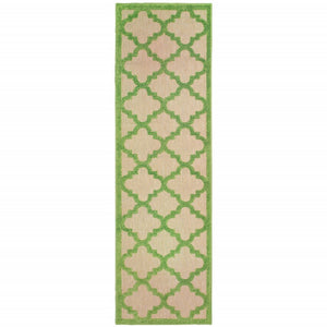 2' X 8' Green Geometric Stain Resistant Indoor Outdoor Area Rug