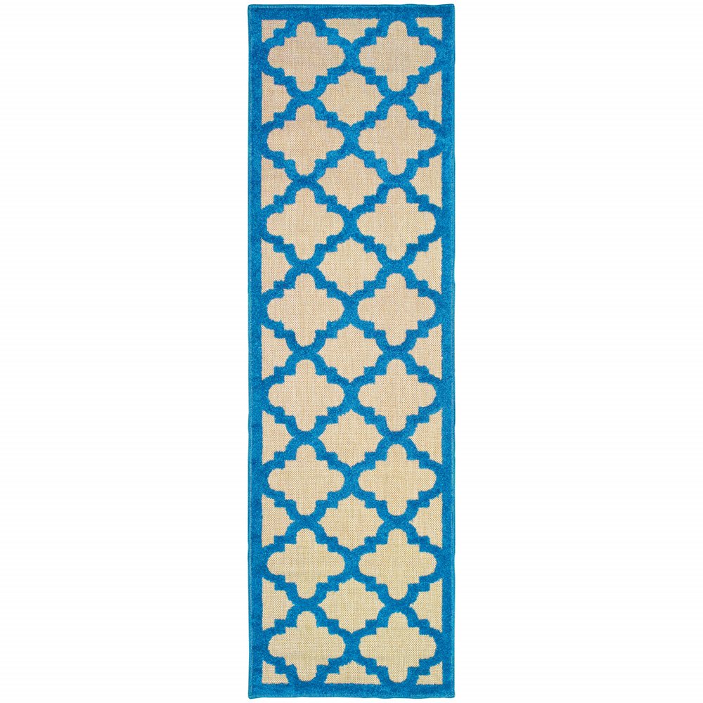 2' X 8' Blue and Beige Geometric Stain Resistant Indoor Outdoor Area Rug