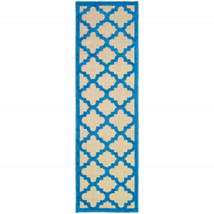 2' X 8' Blue and Beige Geometric Stain Resistant Indoor Outdoor Area Rug