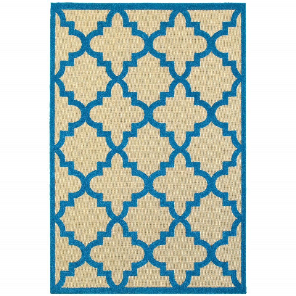 4' X 5' Blue and Beige Geometric Stain Resistant Indoor Outdoor Area Rug