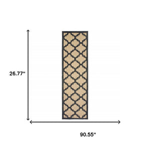 2' X 8' Beige and Black Geometric Stain Resistant Indoor Outdoor Area Rug