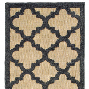 2' X 8' Beige and Black Geometric Stain Resistant Indoor Outdoor Area Rug