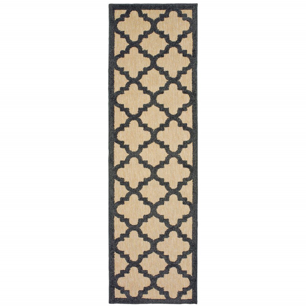 2' X 8' Beige and Black Geometric Stain Resistant Indoor Outdoor Area Rug