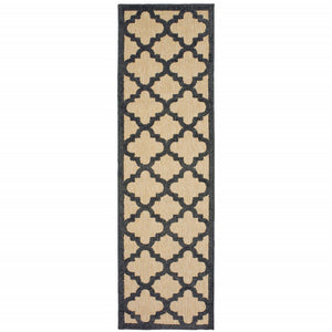 2' X 8' Beige and Black Geometric Stain Resistant Indoor Outdoor Area Rug
