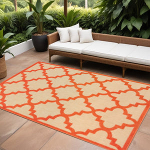 7' X 10' Orange Geometric Stain Resistant Indoor Outdoor Area Rug
