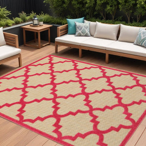 10' X 13' Red Geometric Stain Resistant Indoor Outdoor Area Rug