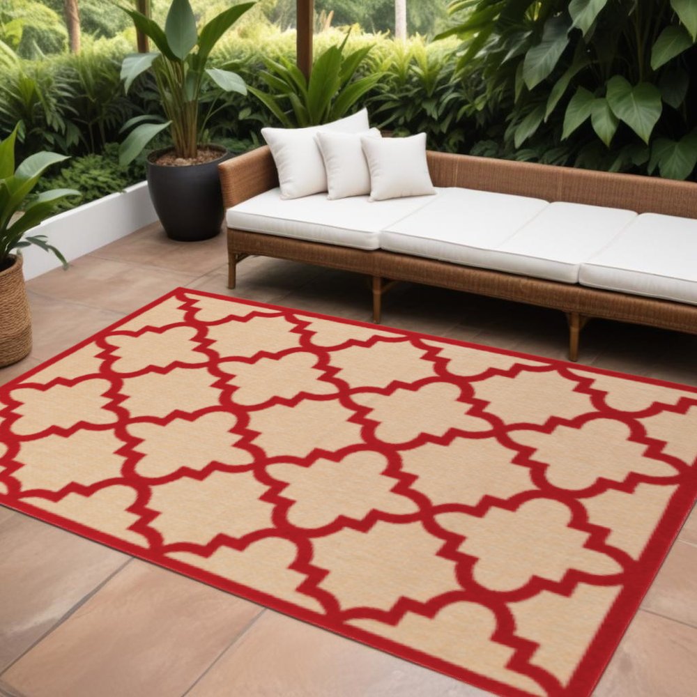 10' X 13' Red Geometric Stain Resistant Indoor Outdoor Area Rug