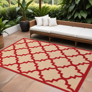 10' X 13' Red Geometric Stain Resistant Indoor Outdoor Area Rug