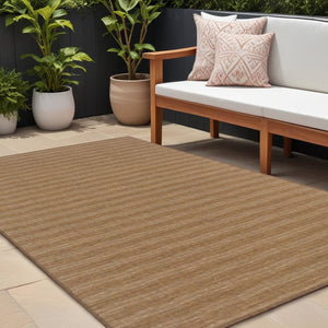 7' X 10' Tan Striped Stain Resistant Indoor Outdoor Area Rug