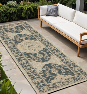 2' X 8' Gray Oriental Stain Resistant Indoor Outdoor Area Rug