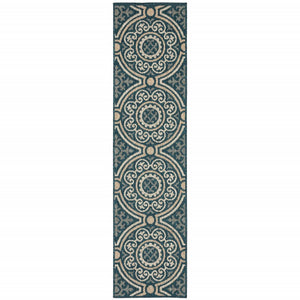 2' X 8' Blue and Gray Geometric Stain Resistant Indoor Outdoor Area Rug