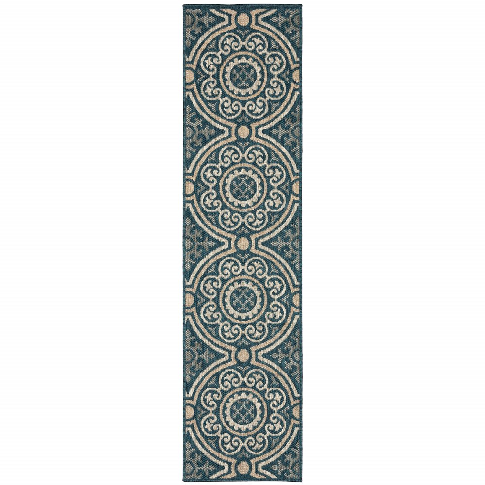 2' X 8' Blue and Gray Geometric Stain Resistant Indoor Outdoor Area Rug