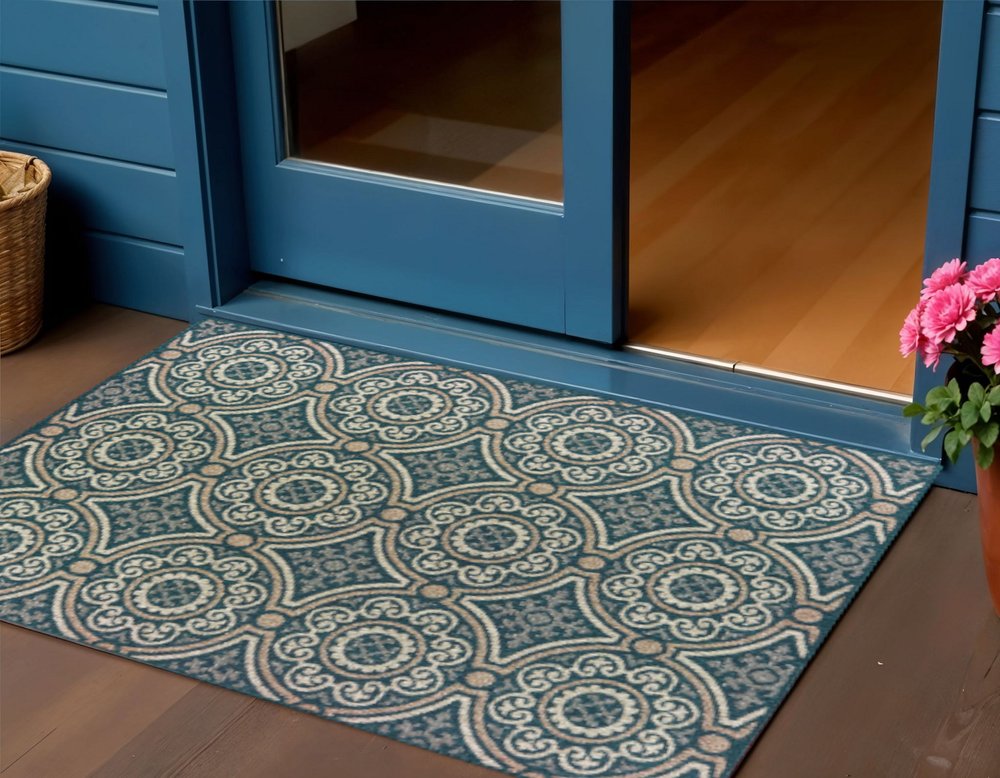 3' X 5' Blue and Gray Geometric Stain Resistant Indoor Outdoor Area Rug