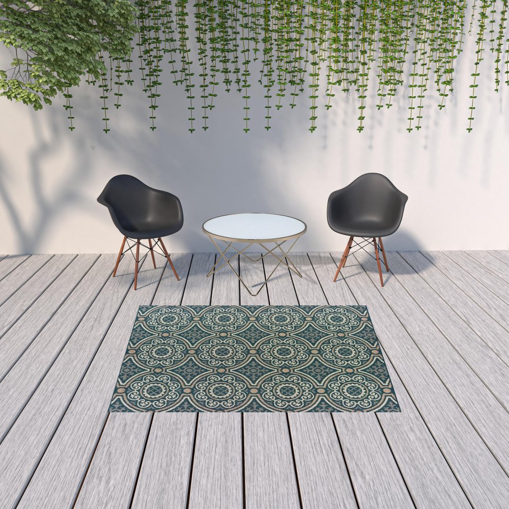 5' X 7' Blue and Gray Geometric Stain Resistant Indoor Outdoor Area Rug