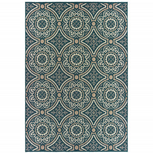 7' X 9' Blue and Gray Geometric Stain Resistant Indoor Outdoor Area Rug
