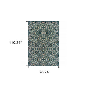 7' X 9' Blue and Gray Geometric Stain Resistant Indoor Outdoor Area Rug