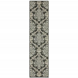 2' X 8' Gray Floral Stain Resistant Indoor Outdoor Area Rug