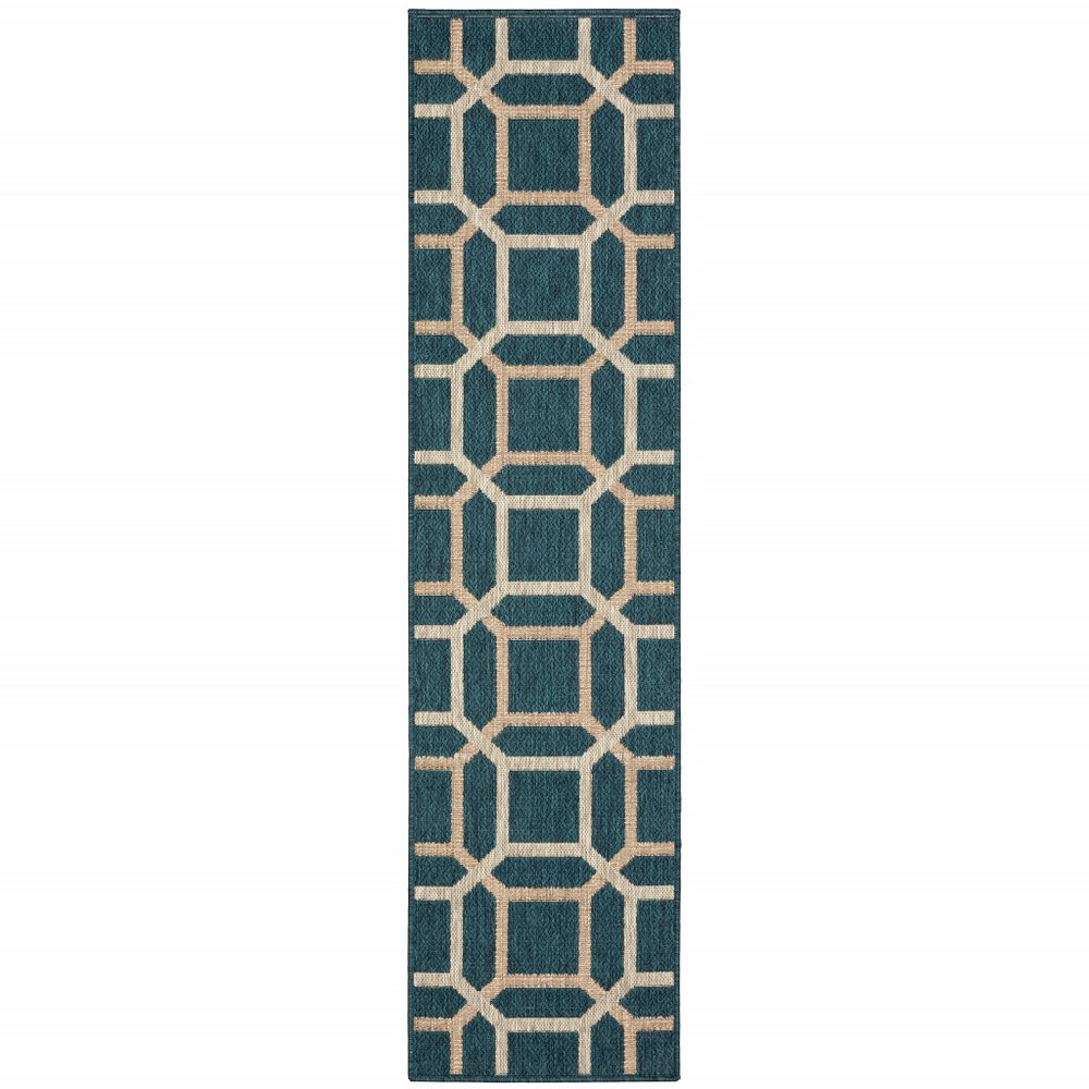 2' X 8' Blue and Gray Geometric Stain Resistant Indoor Outdoor Area Rug