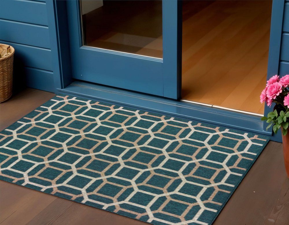 3' X 5' Blue and Gray Geometric Stain Resistant Indoor Outdoor Area Rug