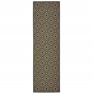 2' X 8' Black and Tan Geometric Stain Resistant Indoor Outdoor Area Rug