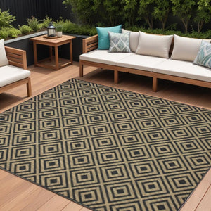9' X 13' Black and Tan Geometric Stain Resistant Indoor Outdoor Area Rug