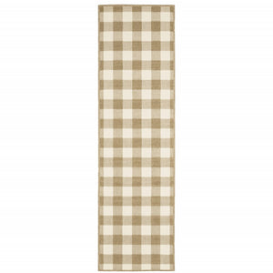 2' X 8' Gray and Ivory Geometric Stain Resistant Indoor Outdoor Area Rug