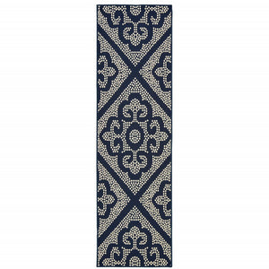 2' X 8' Blue and Ivory Geometric Stain Resistant Indoor Outdoor Area Rug