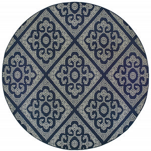 8' X 8' Blue and Ivory Round Geometric Stain Resistant Indoor Outdoor Area Rug