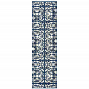 2' X 8' Ivory and Blue Geometric Stain Resistant Indoor Outdoor Area Rug